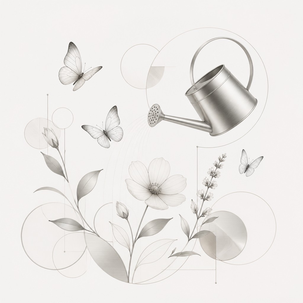 a garden scene with butterflies, flowers and a watering can, clean uncolored line art, no text — Minimalist Jewelry Design coloring page