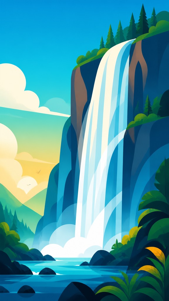 towering waterfall cascading down a cliff — Vector Digital Art Style