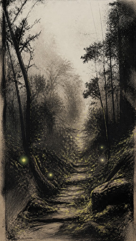 a mysterious forest path with fireflies and drifting mist, atmospheric vertical composition with open space at the top, no text — Indie/Alternative Comic Art book cover