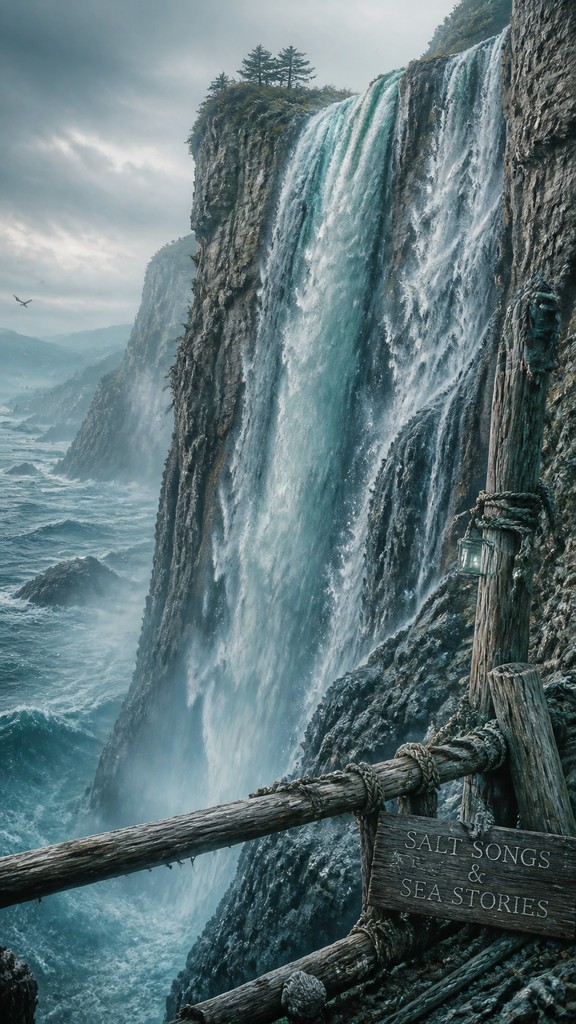 towering waterfall cascading down a cliff — Oceancore Aesthetic