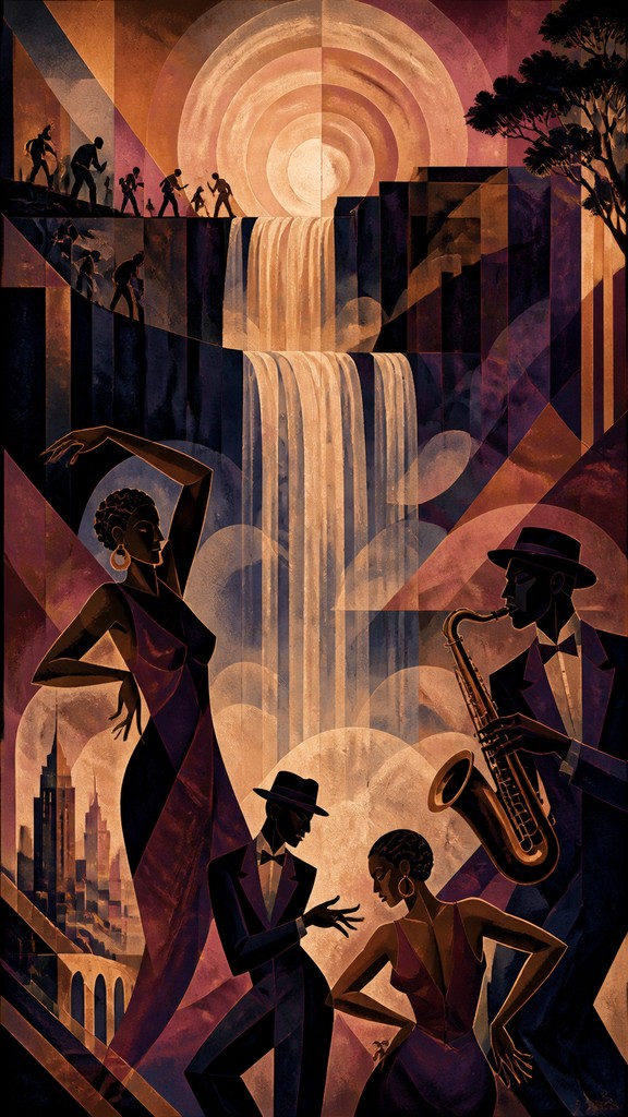 towering waterfall cascading down a cliff — Harlem Renaissance Art Style