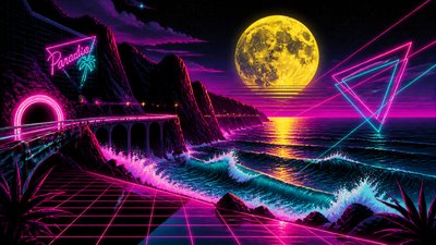 a moonlit coastline with cliffs and crashing surf, no people — 80s Retro Aesthetic wallpaper
