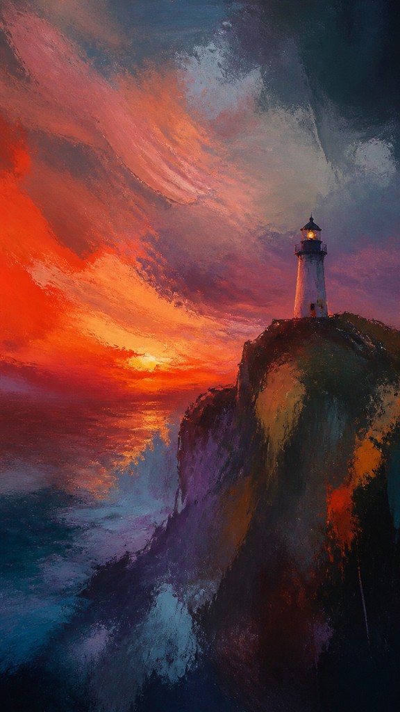 a lone lighthouse on a cliff at dusk under a dramatic sky, no text or lettering — Abstract Landscape Art Style poster