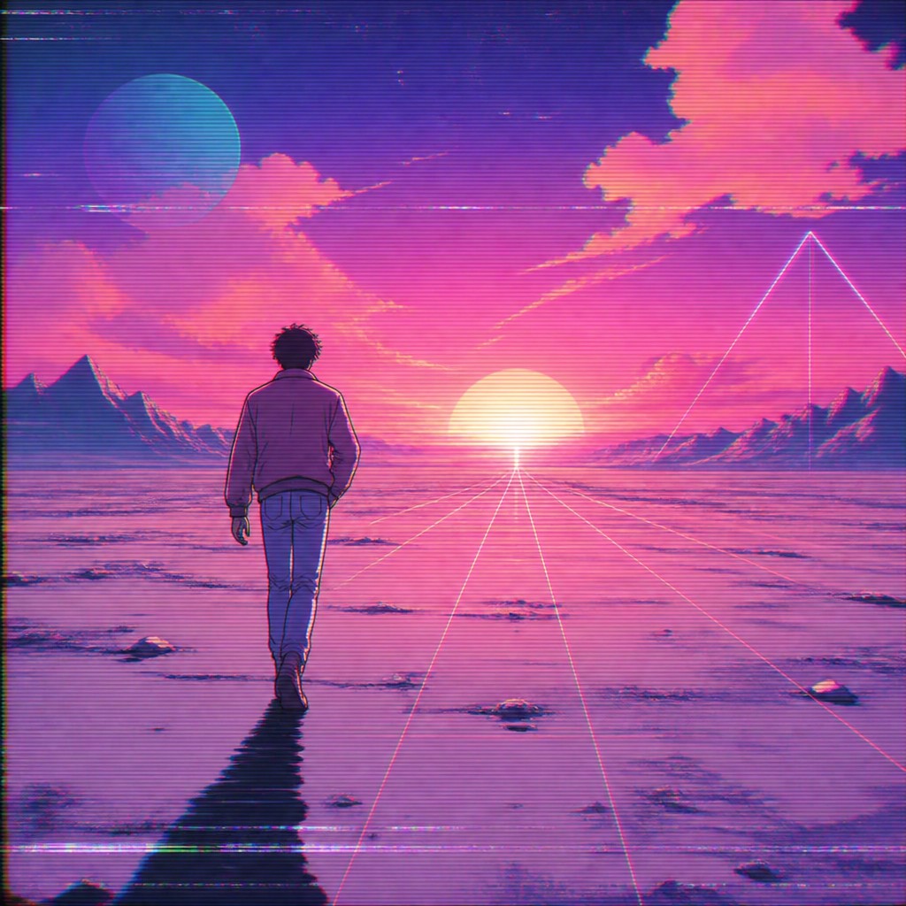 a solitary figure walking toward a glowing horizon across an empty plain, moody atmosphere, no text or lettering — Vaporwave Anime Aesthetic album cover
