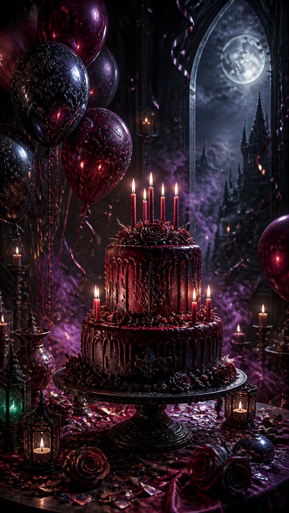a birthday cake with lit candles surrounded by balloons and confetti, festive vertical composition, no text — Gothic Fantasy Art birthday card