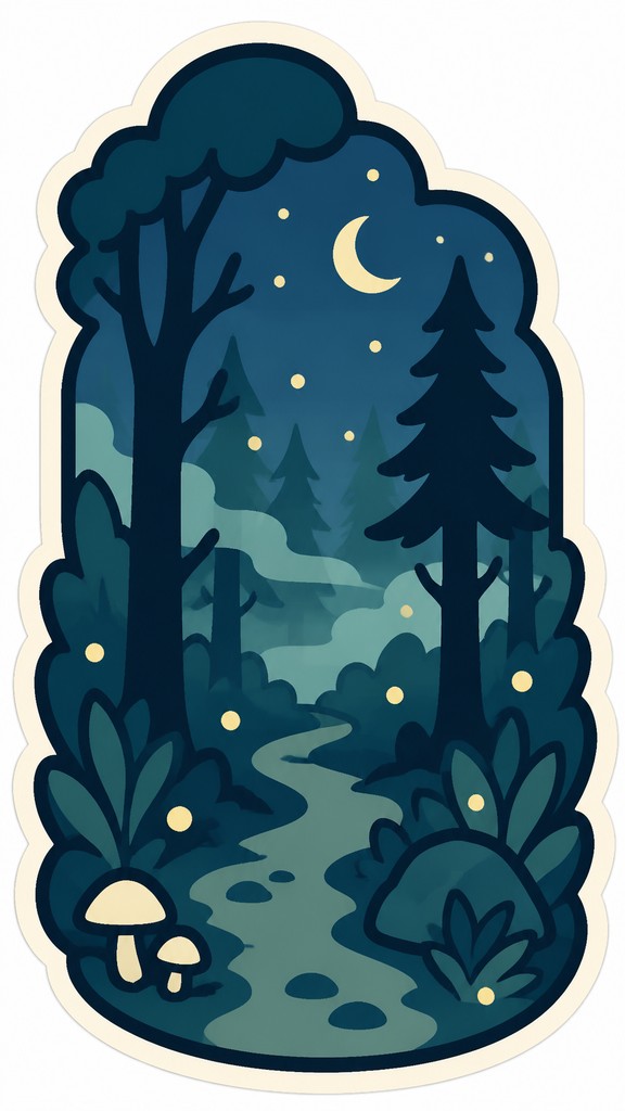 a mysterious forest path with fireflies and drifting mist, atmospheric vertical composition with open space at the top, no text — Minimalist Sticker Design book cover