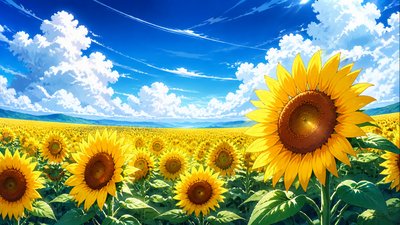 an endless field of sunflowers under summer clouds, no people — Anime Art Style wallpaper