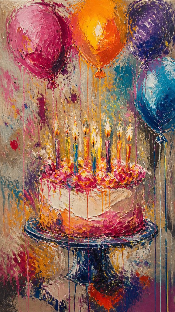 a birthday cake with lit candles surrounded by balloons and confetti, festive vertical composition, no text — Abstract Expressionism Art Style birthday card