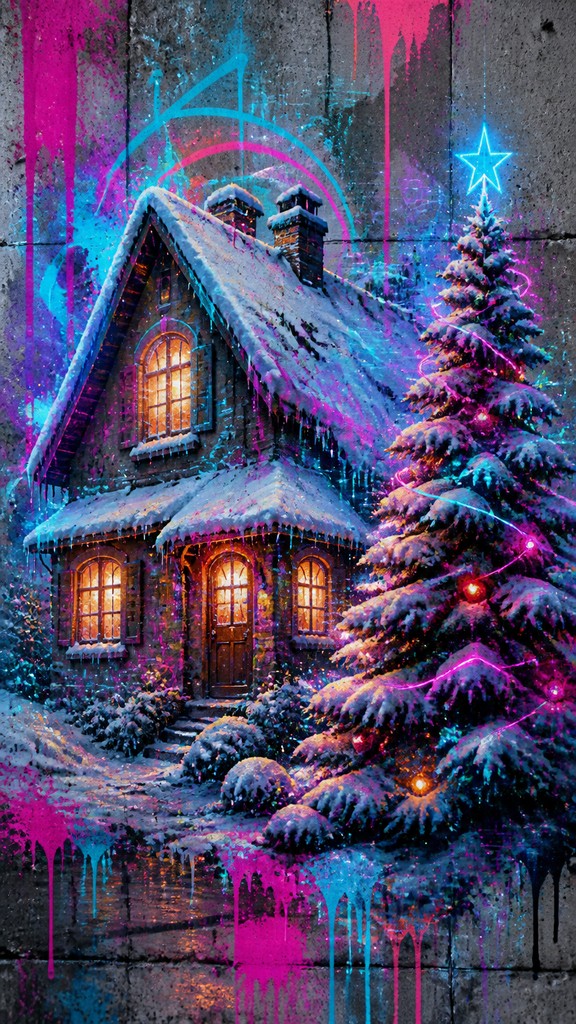 a snow-covered cottage with warm glowing windows beside a decorated pine tree, gentle snowfall, no text — Augmented Reality Graffiti Christmas card
