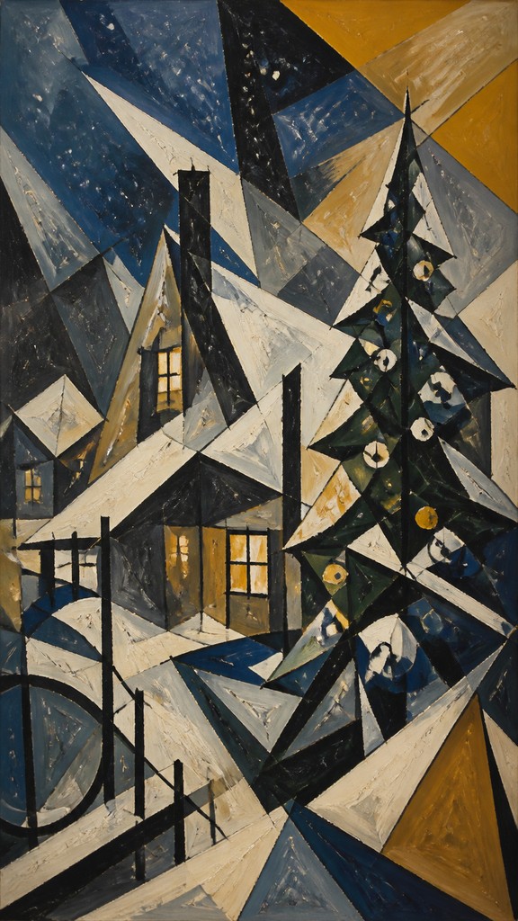 a snow-covered cottage with warm glowing windows beside a decorated pine tree, gentle snowfall, no text — Modernism Art Style Christmas card
