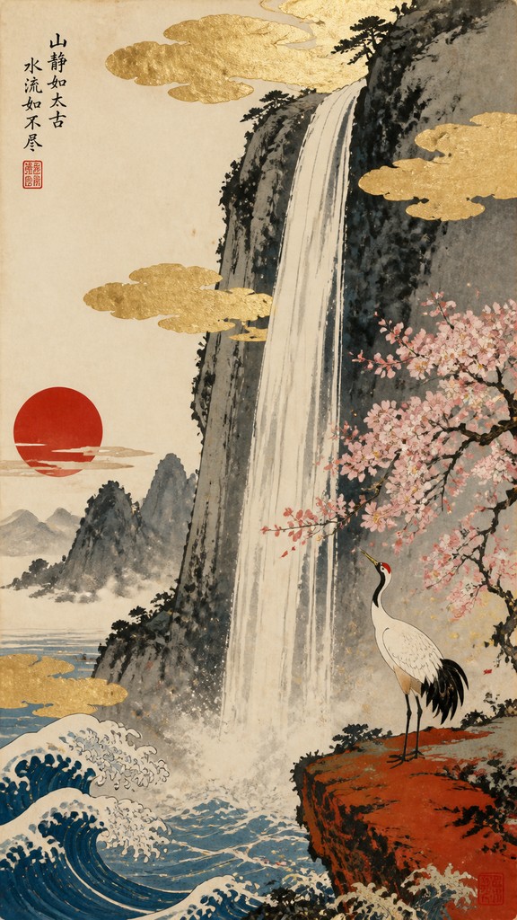 towering waterfall cascading down a cliff — Japanese Art Style