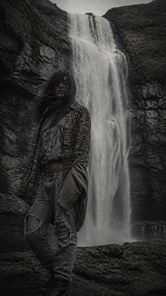towering waterfall cascading down a cliff — Grunge Fashion Style