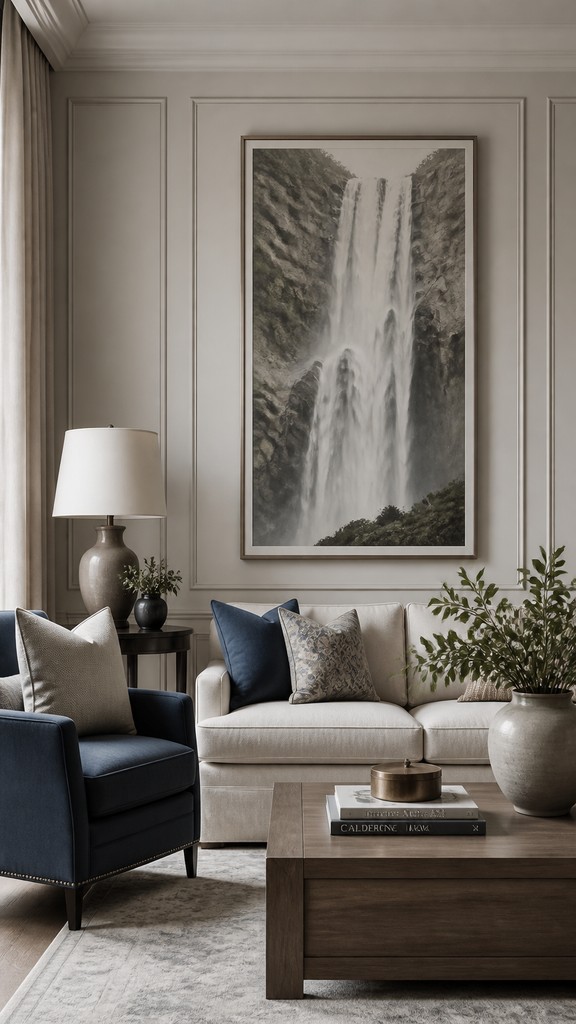 towering waterfall cascading down a cliff — Transitional Interior Design
