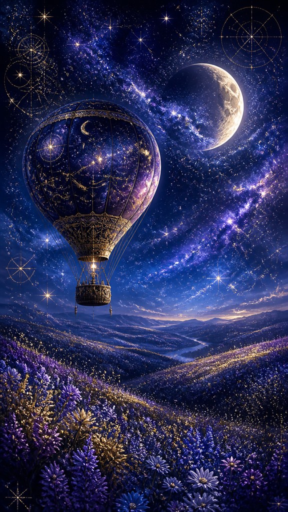 a hot air balloon drifting over rolling flower fields on a sunny day, cheerful, no text — Celestial Aesthetic greeting card