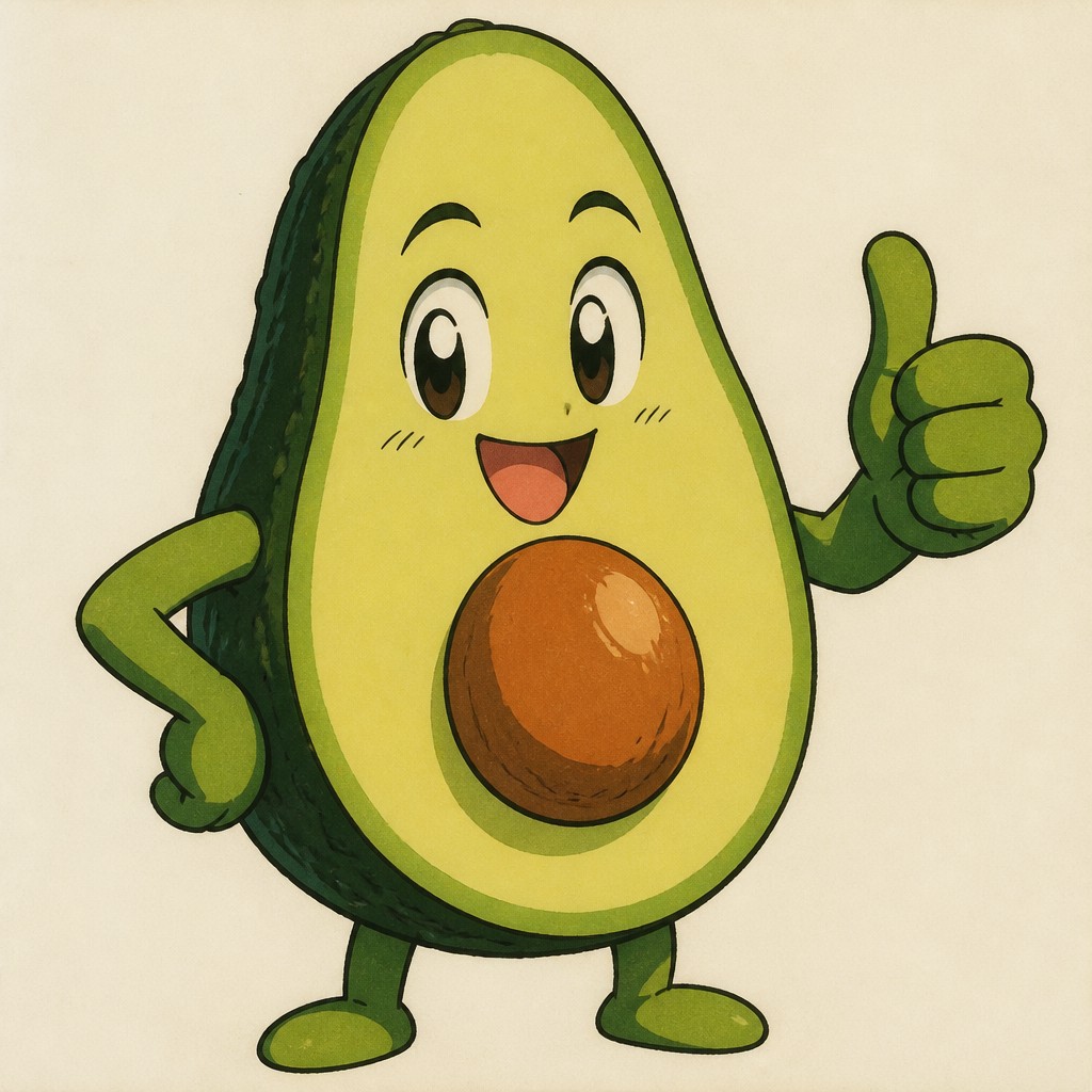 a happy avocado character giving a thumbs up, bold readable design on a plain background, no text — 90s Anime Cell Animation Still sticker