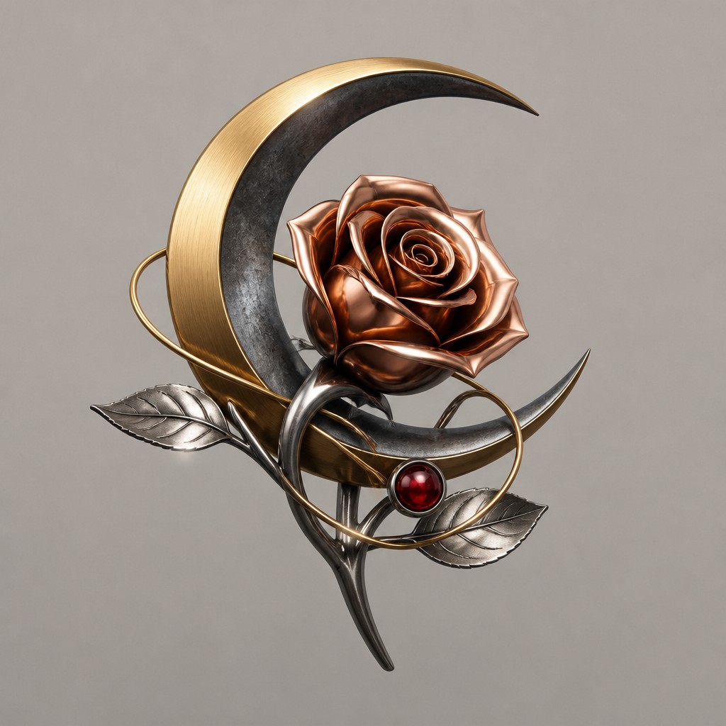 a rose entwined with a crescent moon, clean balanced composition on a plain background, no text — Modern Contemporary Jewelry Design tattoo design