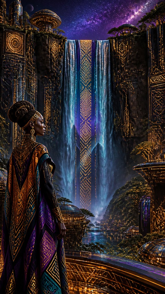 towering waterfall cascading down a cliff — Afrofuturism Art Style
