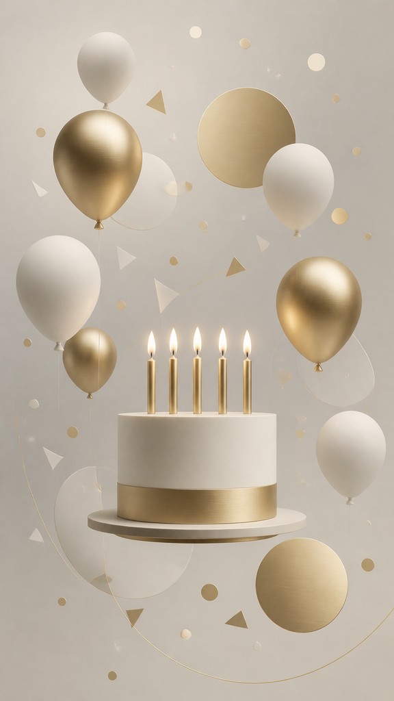 a birthday cake with lit candles surrounded by balloons and confetti, festive vertical composition, no text — Minimalist Jewelry Design birthday card