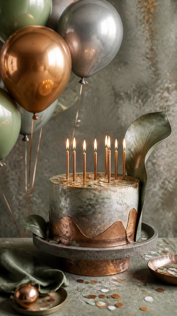 a birthday cake with lit candles surrounded by balloons and confetti, festive vertical composition, no text — Sustainable Eco Jewelry Design birthday card