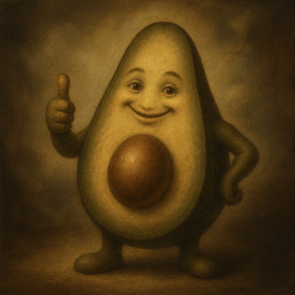 a happy avocado character giving a thumbs up, bold readable design on a plain background, no text — Sfumato Portrait Renaissance Art Style sticker