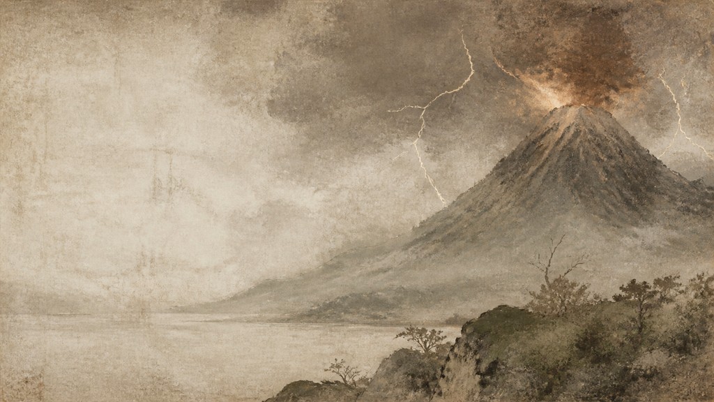 an erupting volcano with lightning strikes, dramatic wide composition, no text — Wabi Sabi Art Style YouTube thumbnail