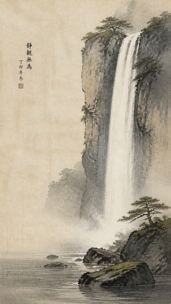 towering waterfall cascading down a cliff — Japanese Architecture Art