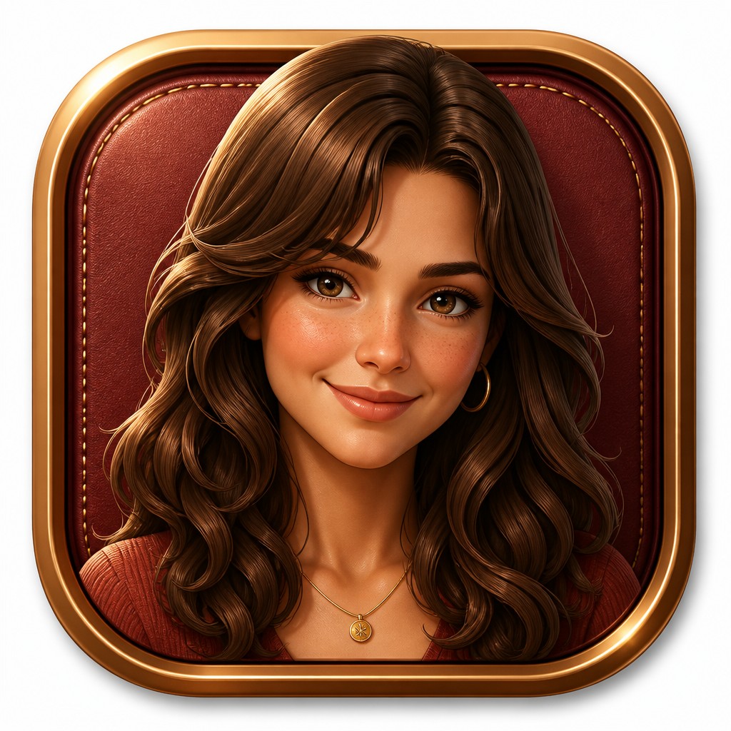 head-and-shoulders portrait of an original character: a young woman with wavy chestnut hair and a warm smile, plain soft backdrop — Skeuomorphic Icon Design profile picture