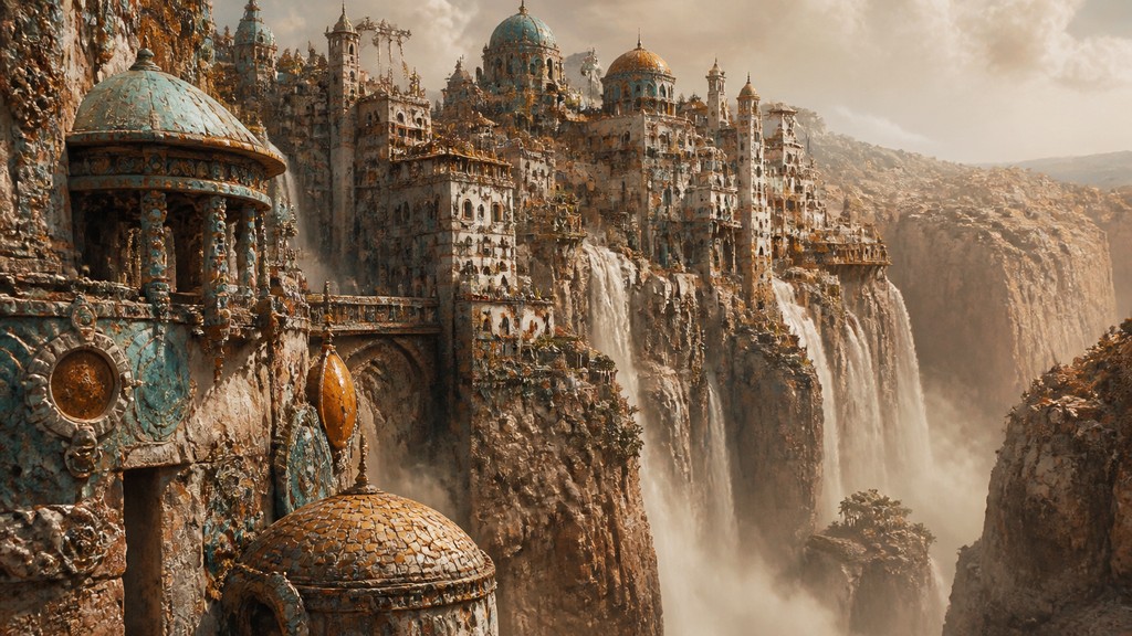 a cliffside city with waterfalls cascading into a misty canyon, wide establishing shot, no people, no text — Bohemian Jewelry Design concept art