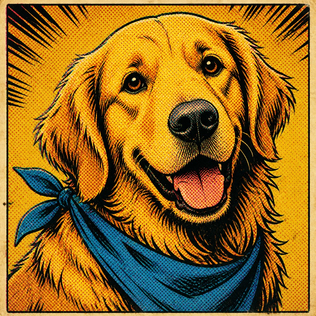 portrait of a golden retriever wearing a blue bandana, warm plain backdrop, no text — Retro Comic Art pet portrait
