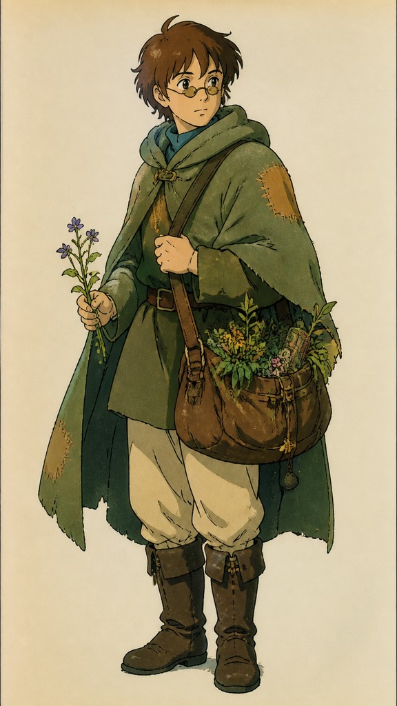 full-body original character: a wandering botanist with a satchel of plants, a patched green cloak, tall boots and round glasses, neutral background — 90s Anime Cell Animation Still character design