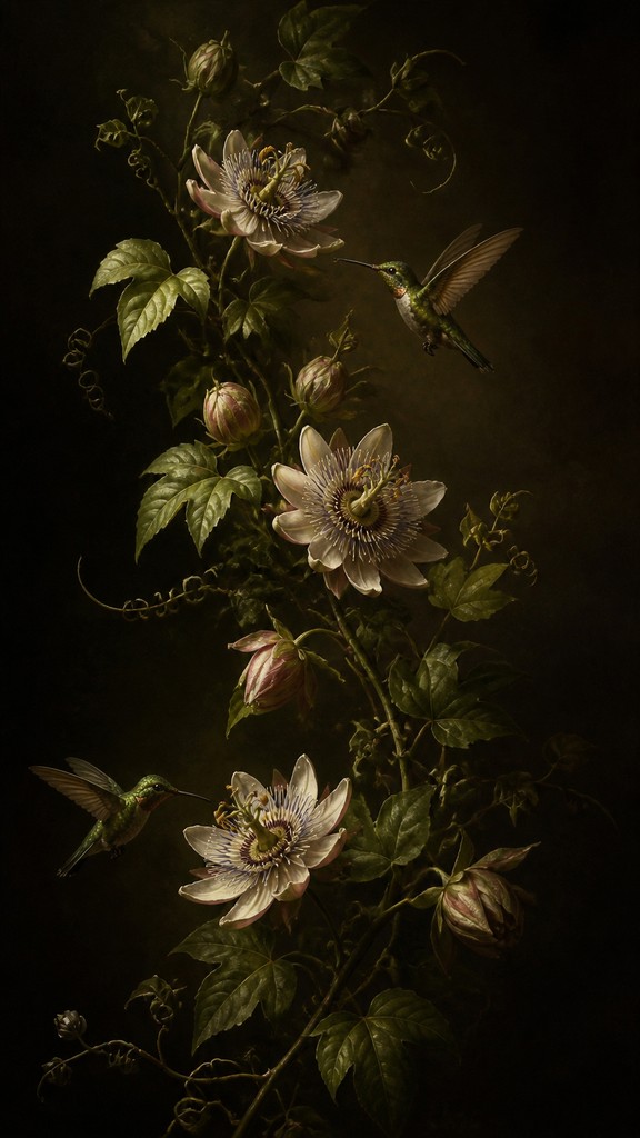 a climbing vine of flowers and hummingbirds on a dark background, tall wrapping composition, no text — Classical Realist Figurative Art Style phone case design