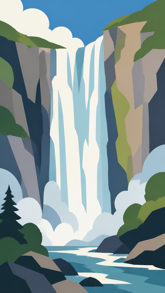 towering waterfall cascading down a cliff — Flat Shape Art Style