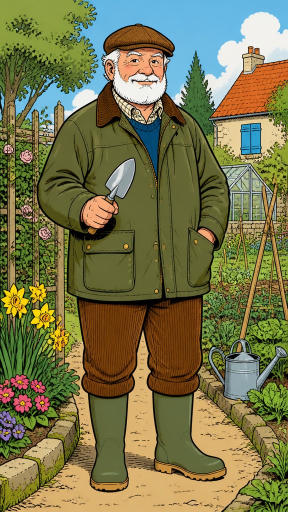full-length portrait of an original character: a stocky older gardener with a short white beard, brown flat cap, olive waxed jacket, corduroy trousers and rubber boots, holding a trowel — European Comic Art (Ligne Claire)