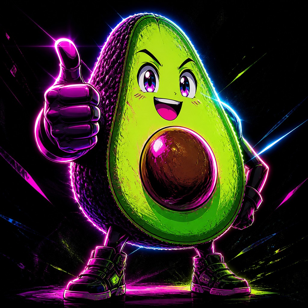 a happy avocado character giving a thumbs up, bold readable design on a plain background, no text — Cyberpunk Neon Anime Art Style sticker