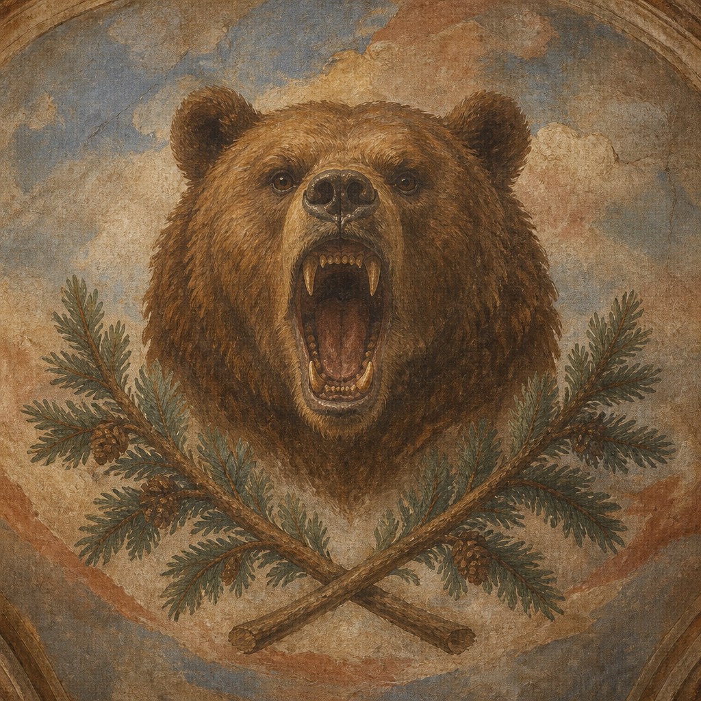 a roaring bear head above crossed pine branches, bold graphic composition on a plain background, no text — Fresco Narrative Renaissance Art Style t-shirt design