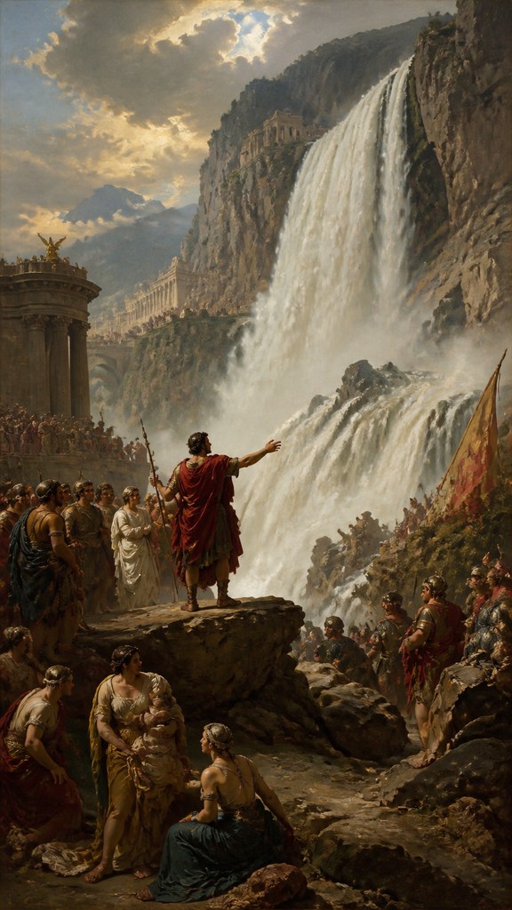 towering waterfall cascading down a cliff — History Painting Art Style