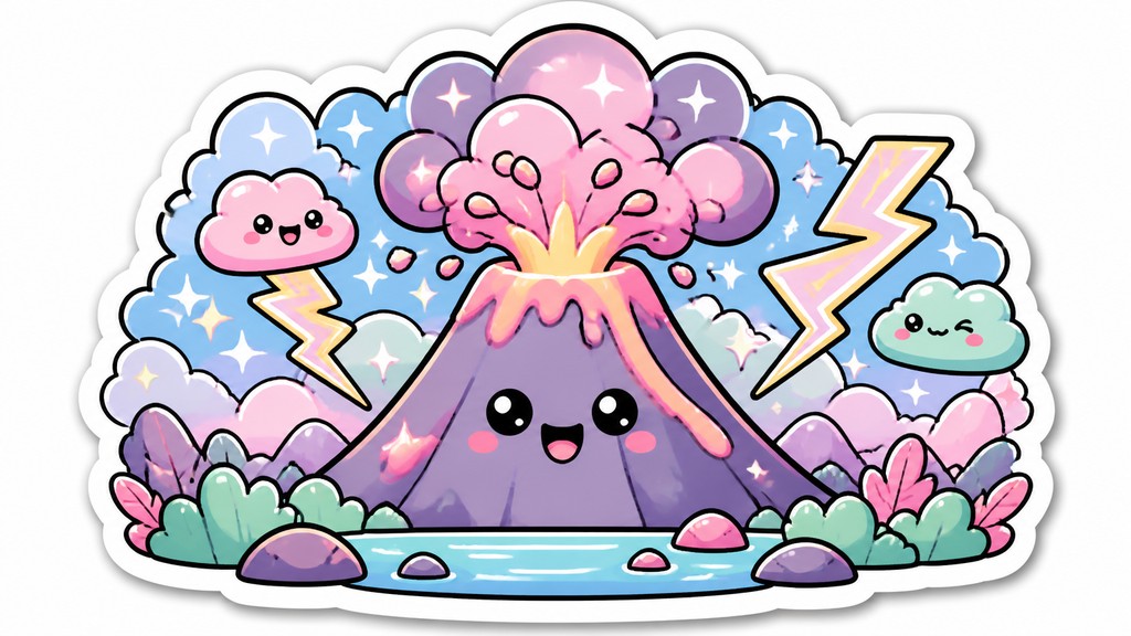an erupting volcano with lightning strikes, dramatic wide composition, no text — Kawaii Sticker Design YouTube thumbnail