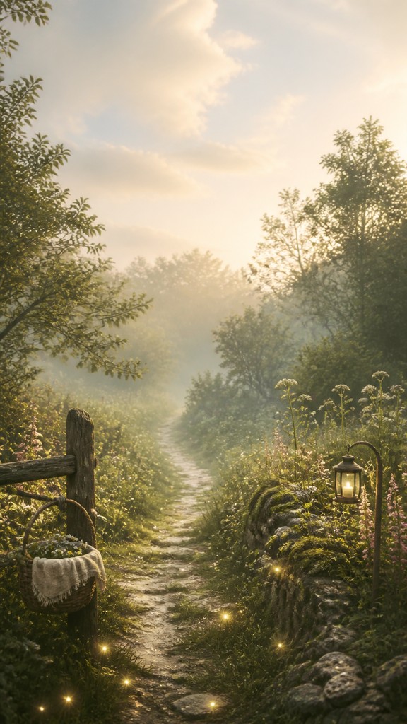 a mysterious forest path with fireflies and drifting mist, atmospheric vertical composition with open space at the top, no text — Cottagecore Aesthetic book cover