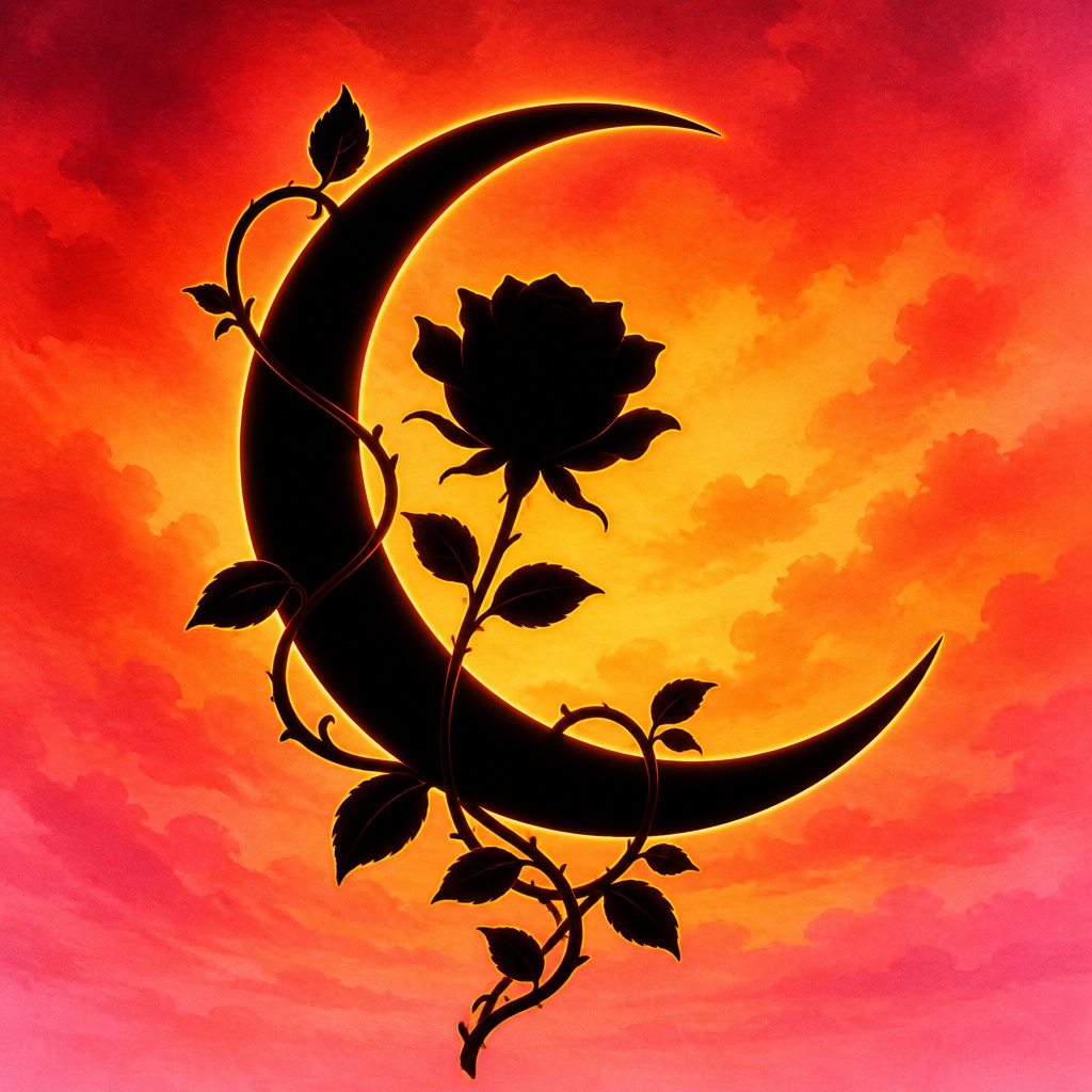 a rose entwined with a crescent moon, clean balanced composition on a plain background, no text — Sunset Silhouette Art Style tattoo design