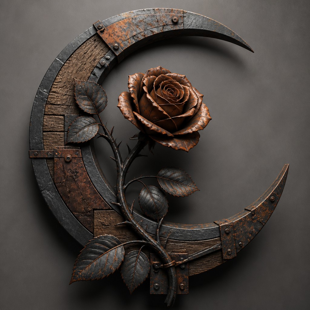 a rose entwined with a crescent moon, clean balanced composition on a plain background, no text — Industrial Furniture Art tattoo design