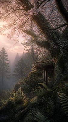 cherry blossom branches against a soft dawn sky, no people — Forestcore Aesthetic wallpaper