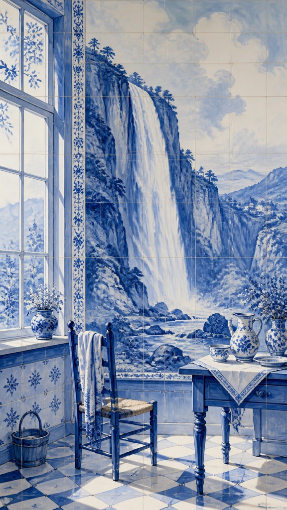 towering waterfall cascading down a cliff — Delft Blue Art Style