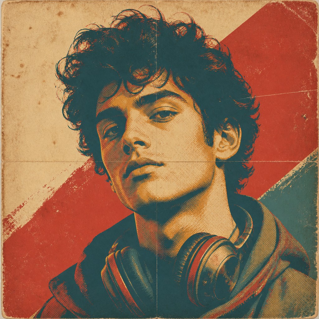 head-and-shoulders portrait of an original character: a young man with curly dark hair and headphones around his neck, plain backdrop, no text — Vintage Poster Design Discord profile picture