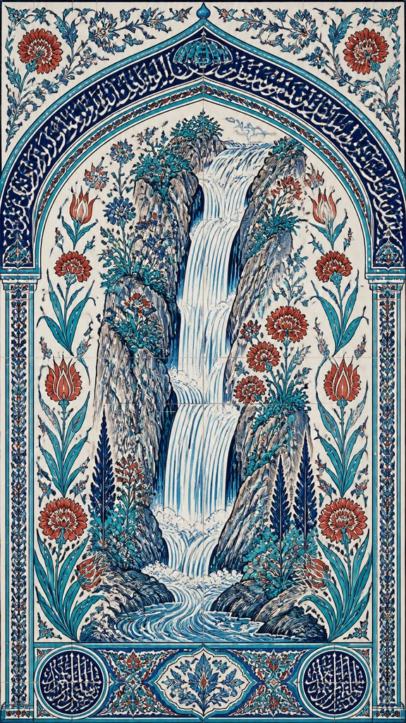 towering waterfall cascading down a cliff — Turkish Art Style