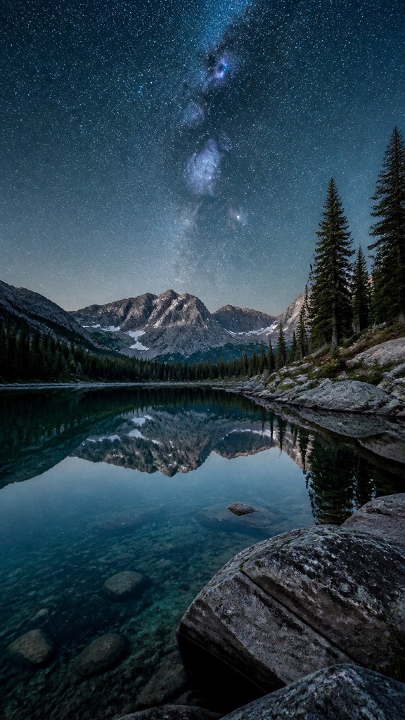 a tranquil mountain lake beneath a starry night sky, no people, no text — Realistic Landscape Art Style phone wallpaper