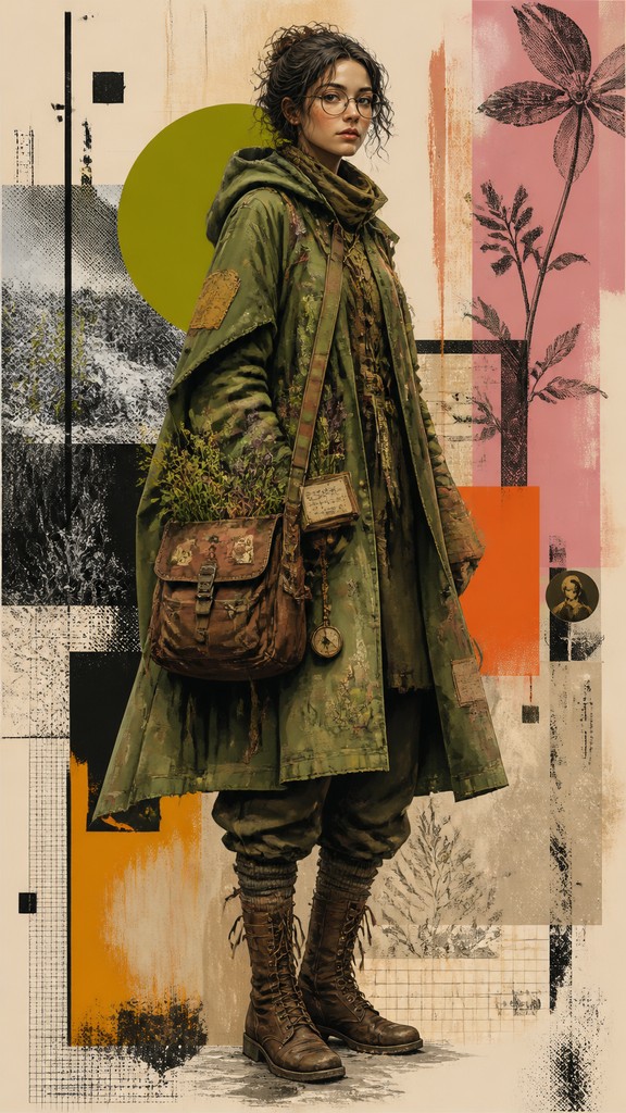 full-body original character: a wandering botanist with a satchel of plants, a patched green cloak, tall boots and round glasses, neutral background — Postmodernism Art Style character design