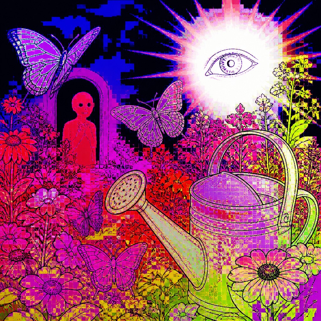 a garden scene with butterflies, flowers and a watering can, clean uncolored line art, no text — Weirdcore Aesthetic coloring page