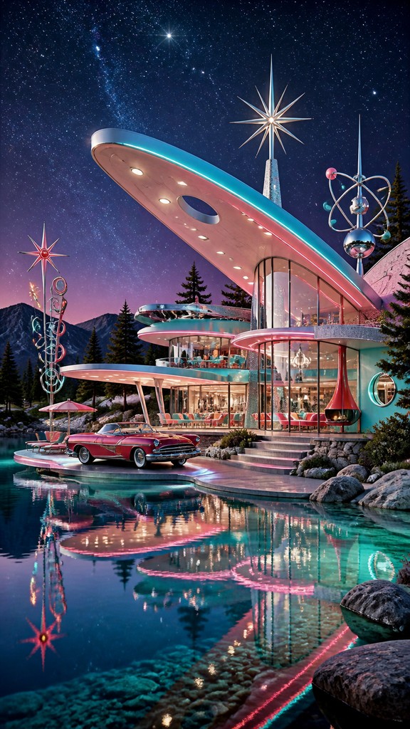 a tranquil mountain lake beneath a starry night sky, no people, no text — Googie Architecture phone wallpaper