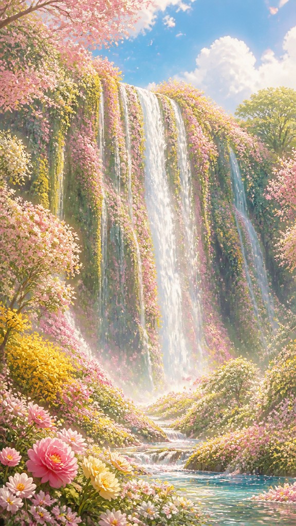 towering waterfall cascading down a cliff — Bloomcore Aesthetic
