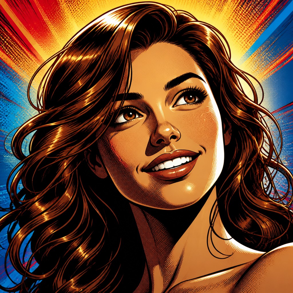 head-and-shoulders portrait of an original character: a young woman with wavy chestnut hair and a warm smile, plain soft backdrop — Superhero Comic Art profile picture